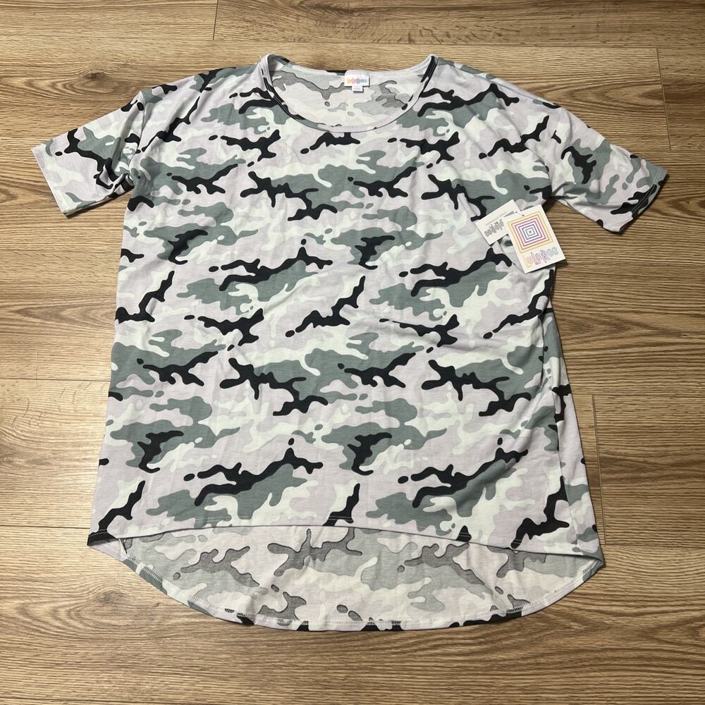 NWT LuLaRoe Women’s Irma Grey Green Camouflage Tunic Top Size Large (A47)